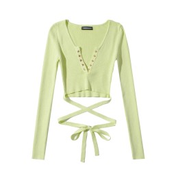 Custom-made solid color long-sleeved sweater V-neck metal snap button high-waisted short stretch rope knitted sweater SKSW033 Custom-made solid color long-sleeved sweater V-neck metal snap button high-waisted short stretch rope knitted sweater SKSW033